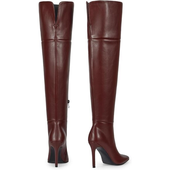 Womens Burgundy Faux Leather Ponited Toe Zipper up Thigh High Stiletto Heel Boot - Picture 3 of 7